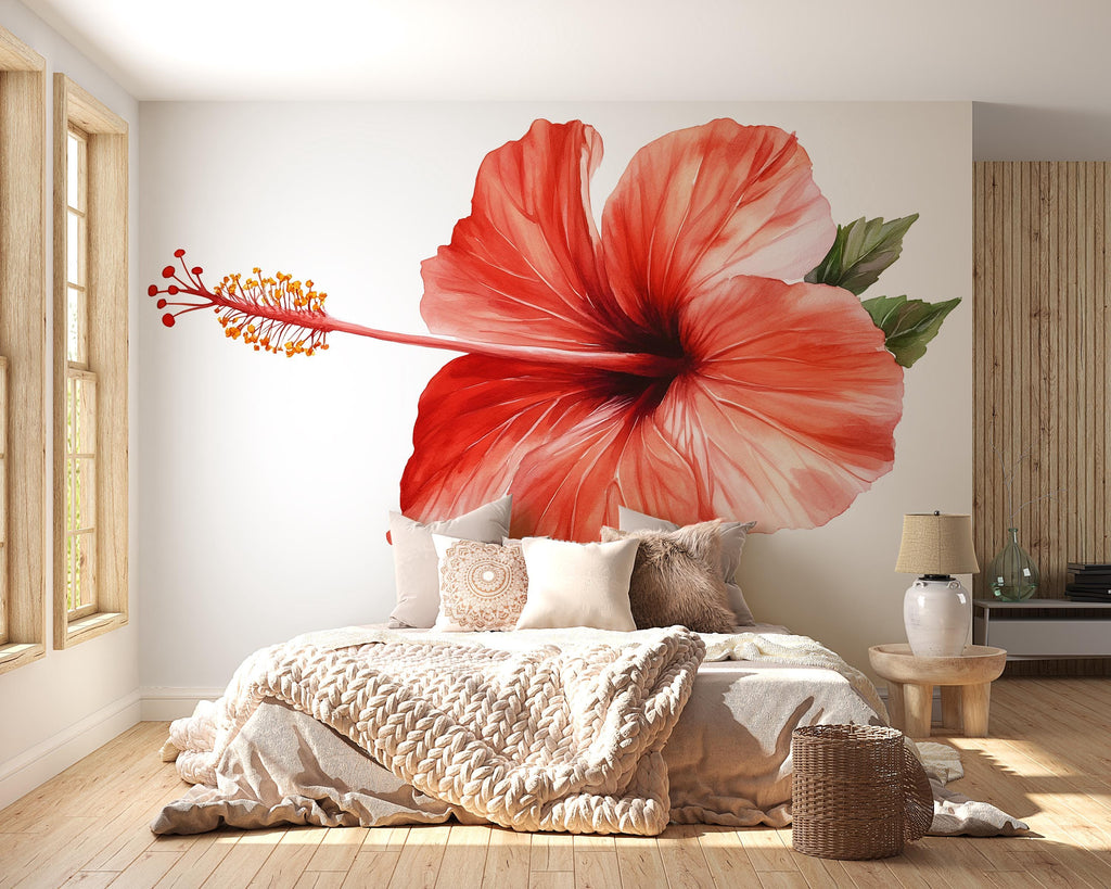 Red Hibiscus Wall Decal – Tropical Flower Mural Above Bed, Large Peel and Stick Bedroom Wall Art 080mv