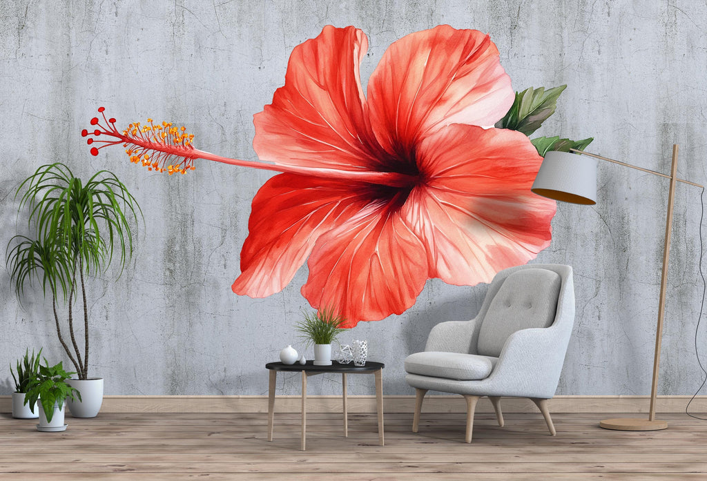 Red Hibiscus Wall Decal – Tropical Flower Mural Above Bed, Large Peel and Stick Bedroom Wall Art 080mv