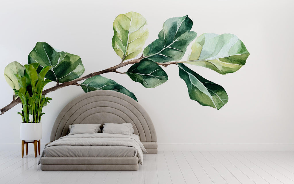 Fiddle Leaf Fig Wall Decal – Watercolor Green Branch Mural, Large Botanical Peel and Stick Wall Art 081mv