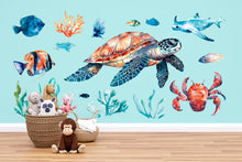 Load image into Gallery viewer, Ocean Sea Life Wall Decal, Sea Turtle Nursery Sticker, Underwater Kids Room Decor, Coral Reef Wall Art, Baby Room Wall Mural, Ocean Animals