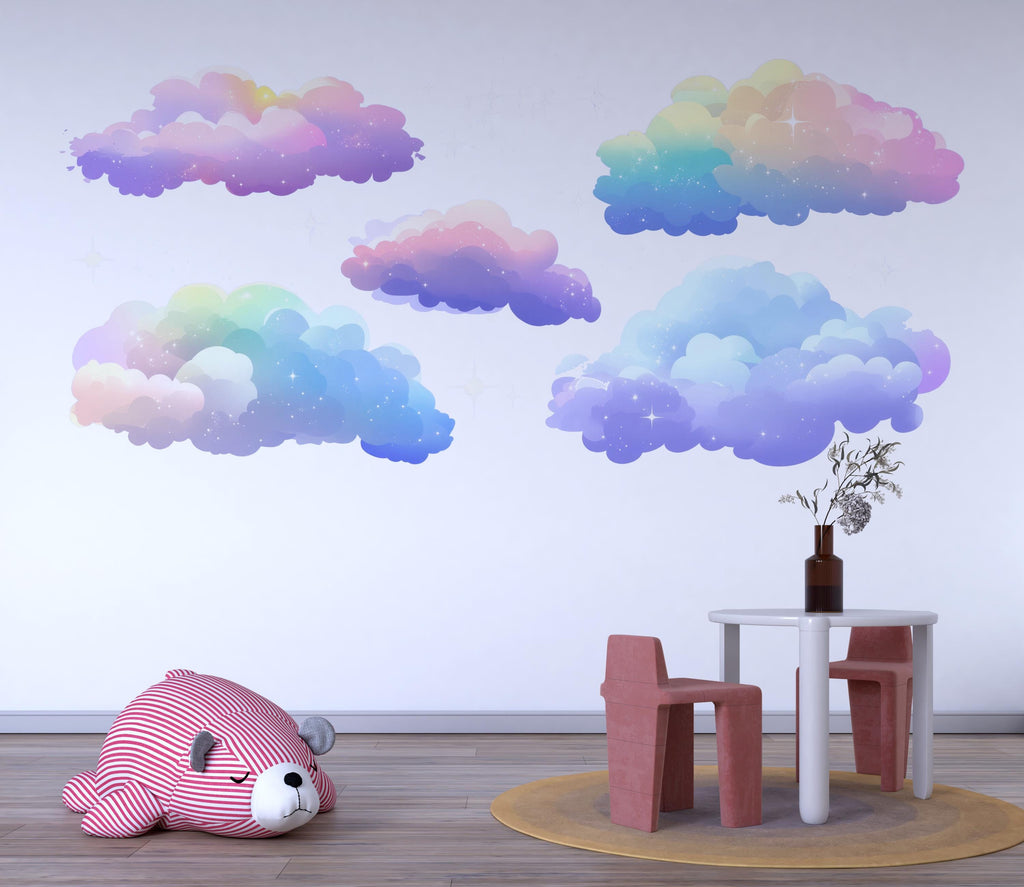Rainbow Pastel Cloud Wall Decals • Kids Room Peel & Stick Cloud Stickers • Nursery Sky Mural • Removable Pastel Wall Art for Baby Rooms
