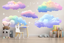 Load image into Gallery viewer, Rainbow Pastel Cloud Wall Decals • Kids Room Peel &amp; Stick Cloud Stickers • Nursery Sky Mural • Removable Pastel Wall Art for Baby Rooms