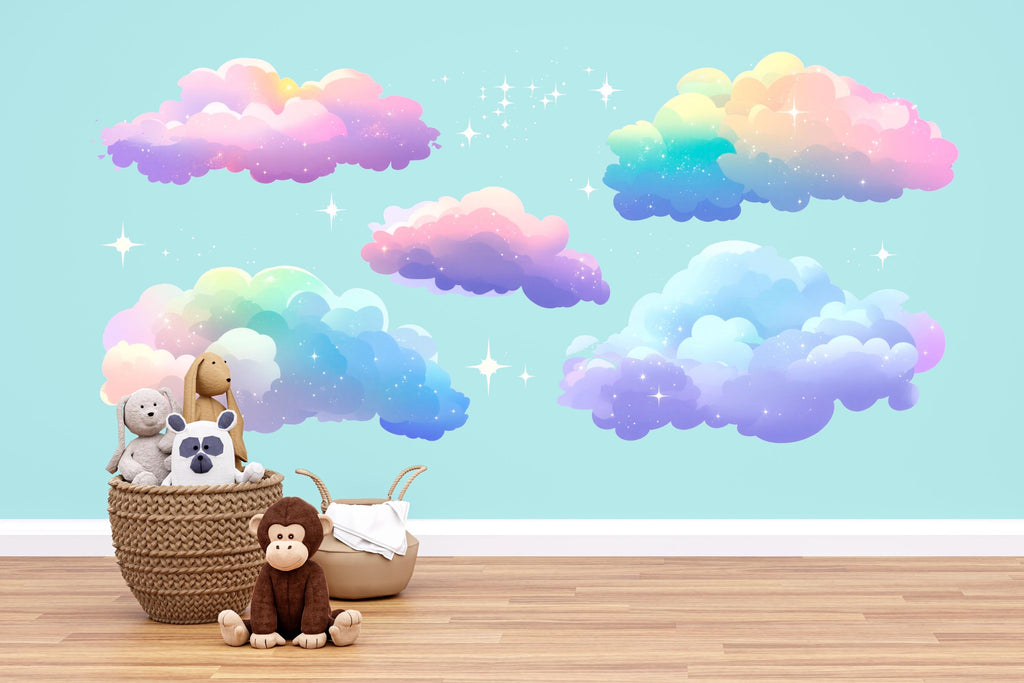 Rainbow Pastel Cloud Wall Decals • Kids Room Peel & Stick Cloud Stickers • Nursery Sky Mural • Removable Pastel Wall Art for Baby Rooms