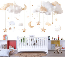 Load image into Gallery viewer, Gold Cloud And Moon Wall Decals • Neutral Nursery Sticker Set • Hanging Stars Peel &amp; Stick Mural • Baby Room Wall Art • Removable Kids
