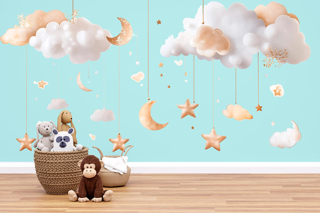 Gold Cloud And Moon Wall Decals • Neutral Nursery Sticker Set • Hanging Stars Peel & Stick Mural • Baby Room Wall Art • Removable Kids