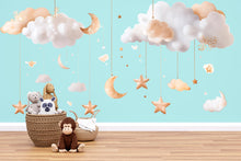 Load image into Gallery viewer, Gold Cloud And Moon Wall Decals • Neutral Nursery Sticker Set • Hanging Stars Peel &amp; Stick Mural • Baby Room Wall Art • Removable Kids