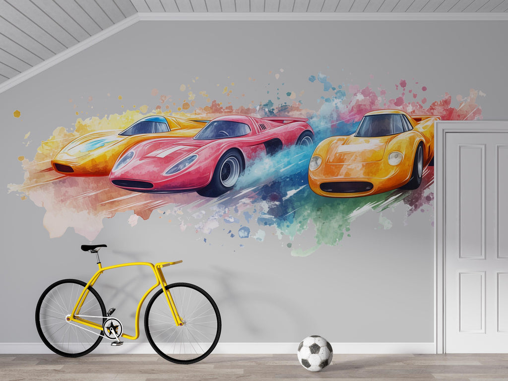 Watercolor Race Car Wall Decal • Boys Room Racing Sticker • Sports Car Mural Decor • Kids Bedroom Peel & Stick Wall Art • Removable Wall art