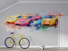 Load image into Gallery viewer, Watercolor Race Car Wall Decal • Boys Room Racing Sticker • Sports Car Mural Decor • Kids Bedroom Peel &amp; Stick Wall Art • Removable Wall art
