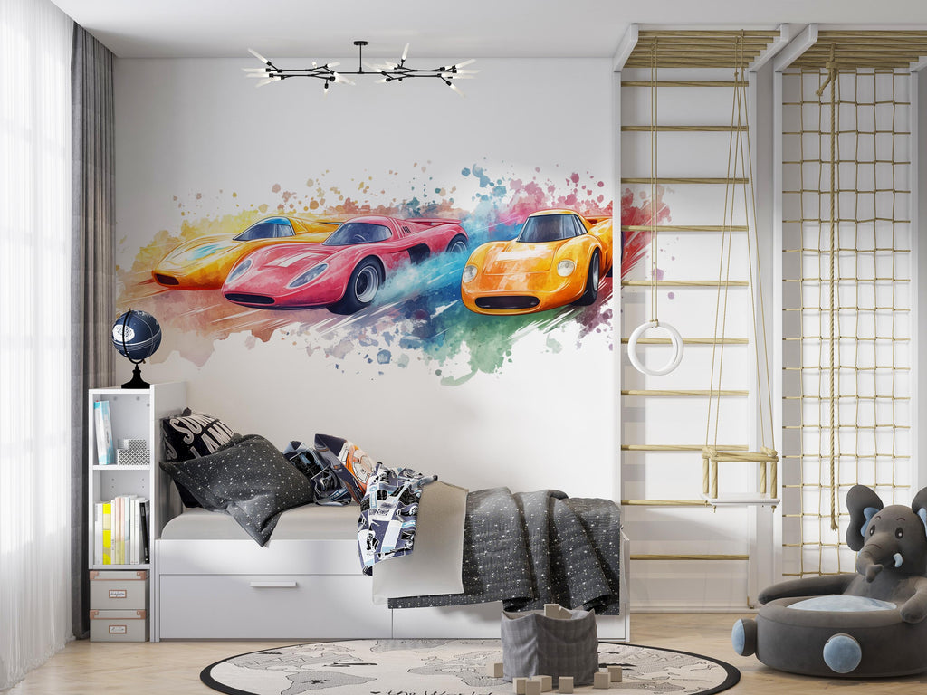 Watercolor Race Car Wall Decal • Boys Room Racing Sticker • Sports Car Mural Decor • Kids Bedroom Peel & Stick Wall Art • Removable Wall art