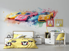 Load image into Gallery viewer, Watercolor Race Car Wall Decal • Boys Room Racing Sticker • Sports Car Mural Decor • Kids Bedroom Peel &amp; Stick Wall Art • Removable Wall art