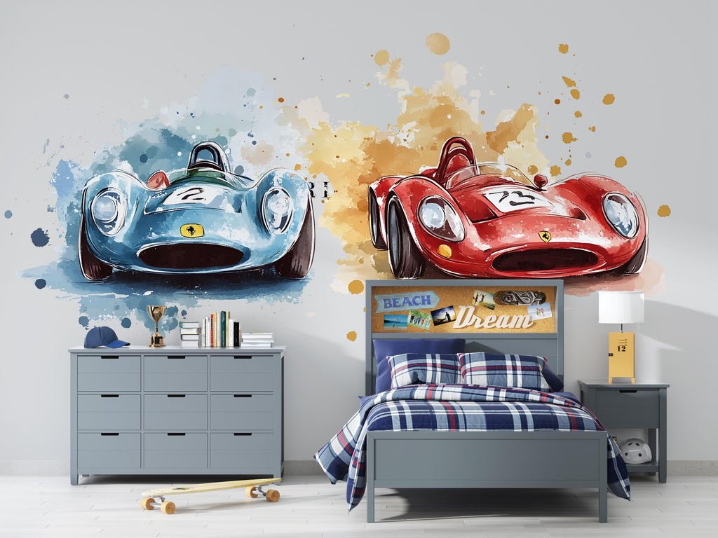 Vintage Race Car Wall Decal • Boys Room Racing Sticker • Watercolor Sports Car Mural • Kids Bedroom Peel & Stick Decor • Removable Wall Art