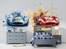 Load image into Gallery viewer, Vintage Race Car Wall Decal • Boys Room Racing Sticker • Watercolor Sports Car Mural • Kids Bedroom Peel &amp; Stick Decor • Removable Wall Art