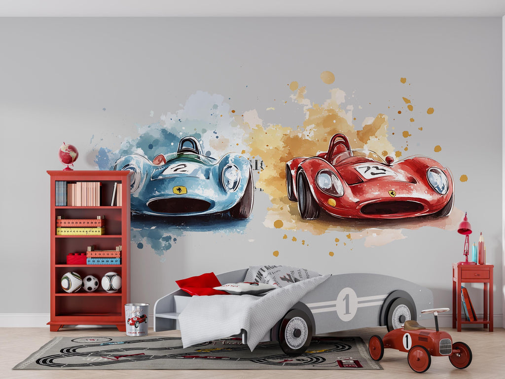 Vintage Race Car Wall Decal • Boys Room Racing Sticker • Watercolor Sports Car Mural • Kids Bedroom Peel & Stick Decor • Removable Wall Art