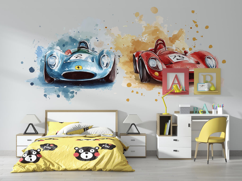 Vintage Race Car Wall Decal • Boys Room Racing Sticker • Watercolor Sports Car Mural • Kids Bedroom Peel & Stick Decor • Removable Wall Art