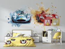 Load image into Gallery viewer, Vintage Race Car Wall Decal • Boys Room Racing Sticker • Watercolor Sports Car Mural • Kids Bedroom Peel &amp; Stick Decor • Removable Wall Art