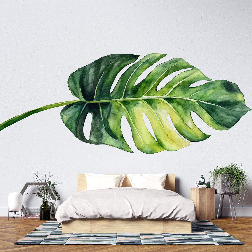 Large Monstera Leaf Wall Decal • Watercolor Jungle Plant Sticker • Botanical Wall Art Mural • Peel & Stick Bedroom Decor • Removable Wall
