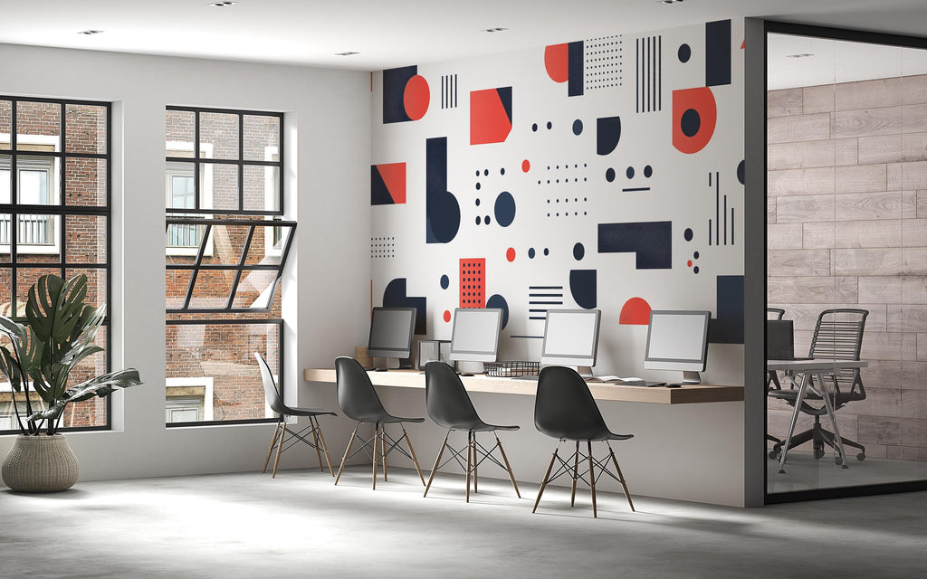 Modern Geometric Office Wall Decal – Navy and Coral Abstract Shapes Peel and Stick Mural 083mv