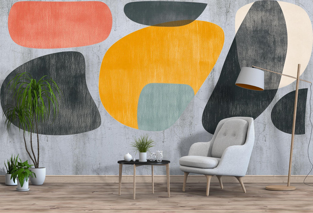 Mid Century Modern Abstract Wall Mural – Color Block Geometric Living Room Peel and Stick Decal 085mv