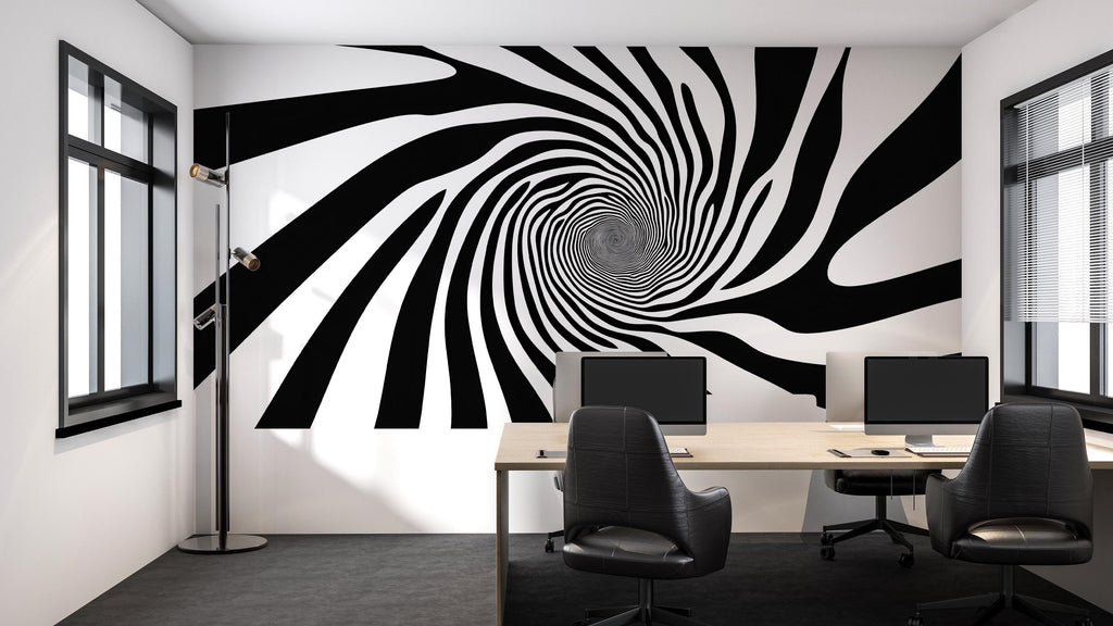 Optical Illusion Wall Mural – Black and White Spiral Wallpaper for Modern Office 092mv
