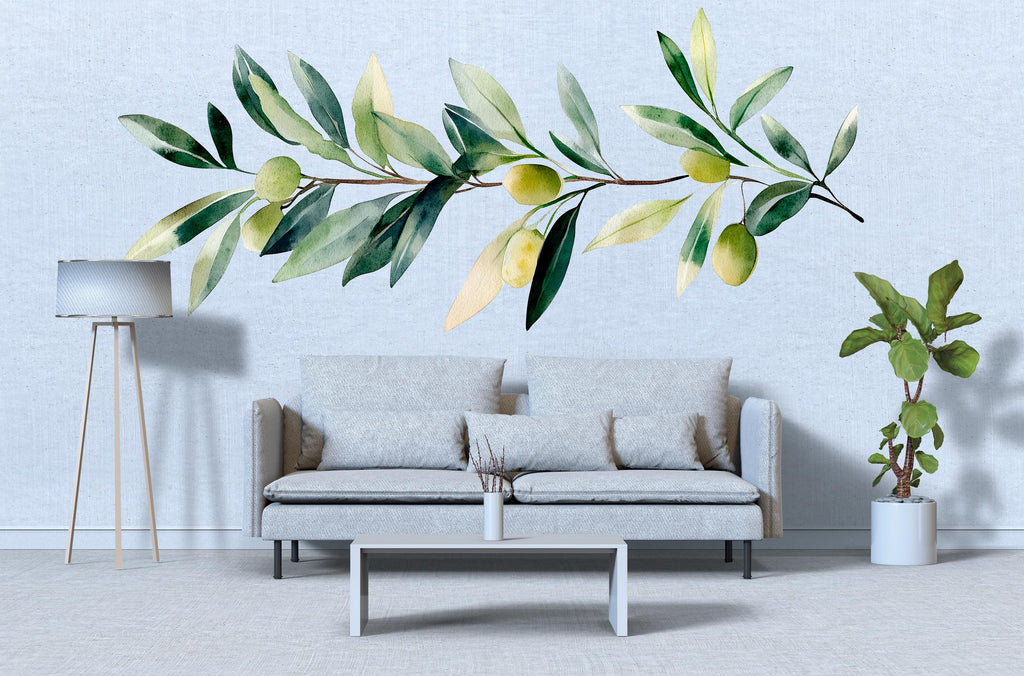 Olive Branch Wall Decal • Watercolor Botanical Sticker • Mediterranean Peel & Stick Mural • Kitchen Bedroom Living Room Decor