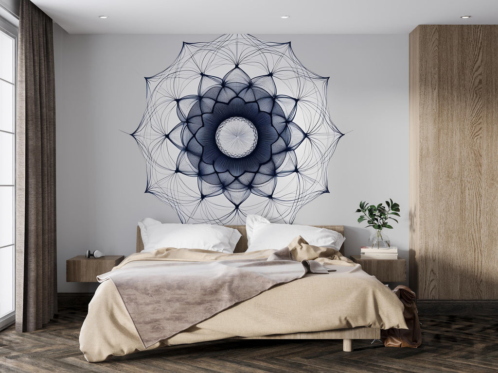 Navy Mandala Wall Decal, Large Geometric Bedroom Wall Art, Boho Removable Headboard Mural 094mv
