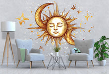 Load image into Gallery viewer, Sun and Moon Wall Decal • Celestial Boho Sticker • Spiritual Bedroom Mural • Gold Sun Moon Art • Peel &amp; Stick Wall Decor • Removable Wall
