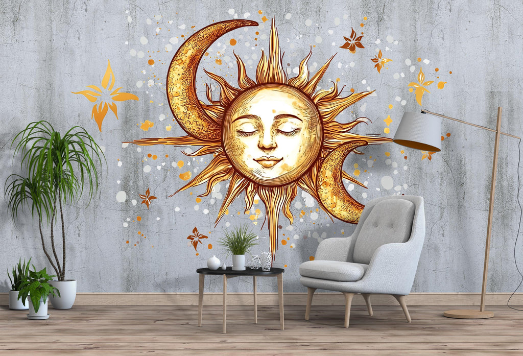 Sun and Moon Wall Decal • Celestial Boho Sticker • Spiritual Bedroom Mural • Gold Sun Moon Art • Peel & Stick Wall Decor • Removable Wall