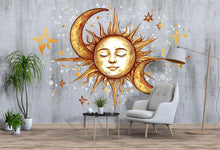 Load image into Gallery viewer, Sun and Moon Wall Decal • Celestial Boho Sticker • Spiritual Bedroom Mural • Gold Sun Moon Art • Peel &amp; Stick Wall Decor • Removable Wall