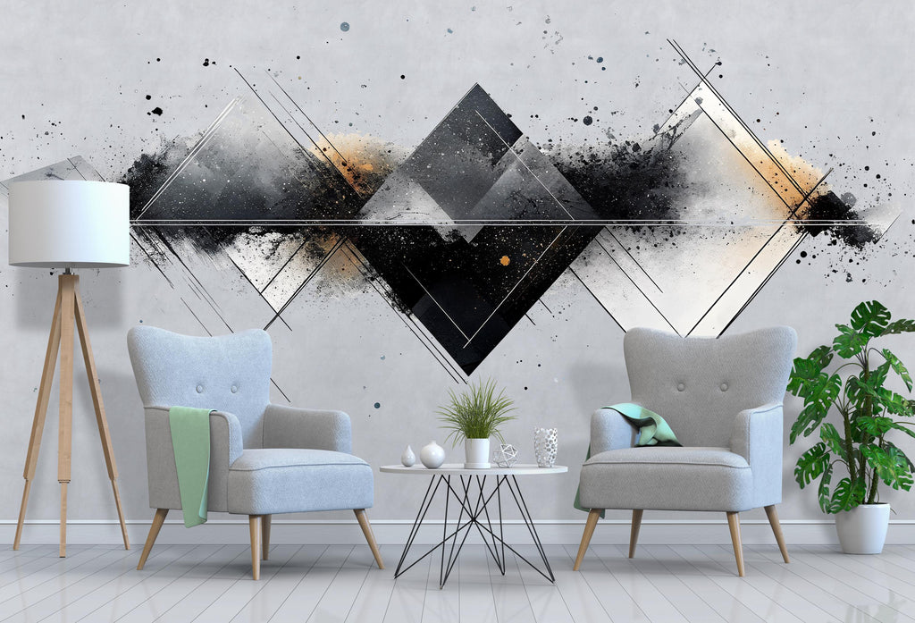 Abstract Geometric Wall Mural, Black Beige Modern Living Room Art, Large Removable Wall Decal 105mv