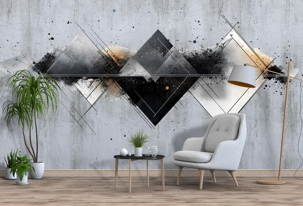 Abstract Geometric Wall Mural, Black Beige Modern Living Room Art, Large Removable Wall Decal 105mv
