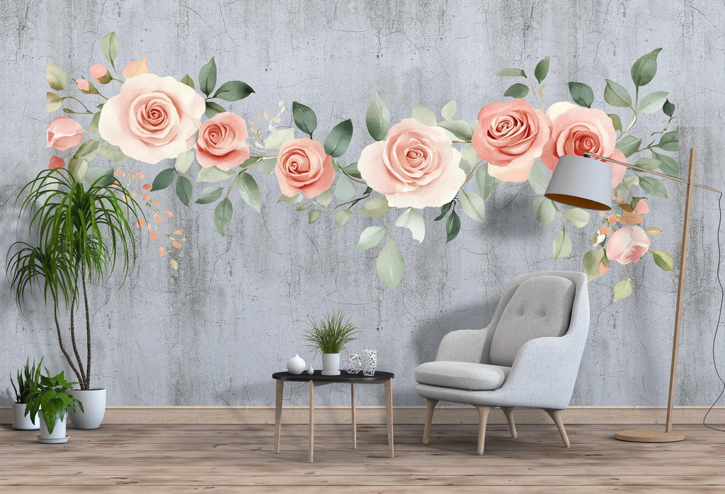 Blush Rose Wall Decal, Large Floral Bedroom Wall Art, Romantic Removable Headboard Mural 109mv