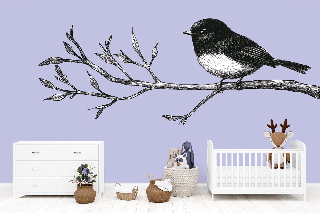 Bird on Branch Wall Decal, Large Line Art Kids Wall Art, Scandinavian Nursery Removable Mural 110mv