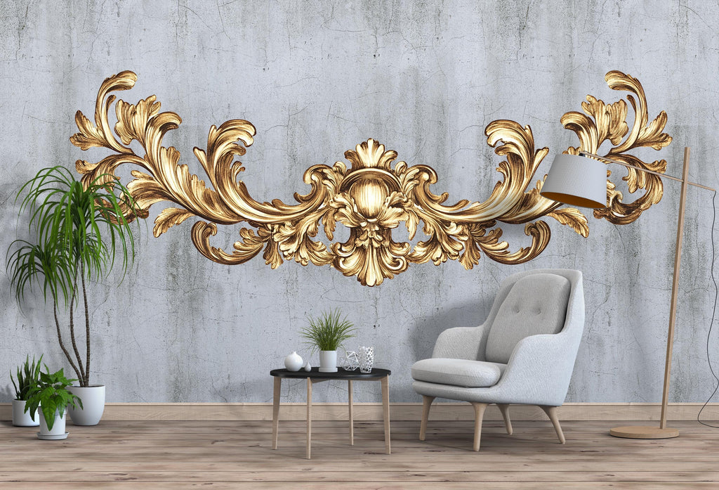 Gold Baroque Headboard Wall Decal, Ornate Bedroom Wall Art, Removable Vintage Mural Art 112mv