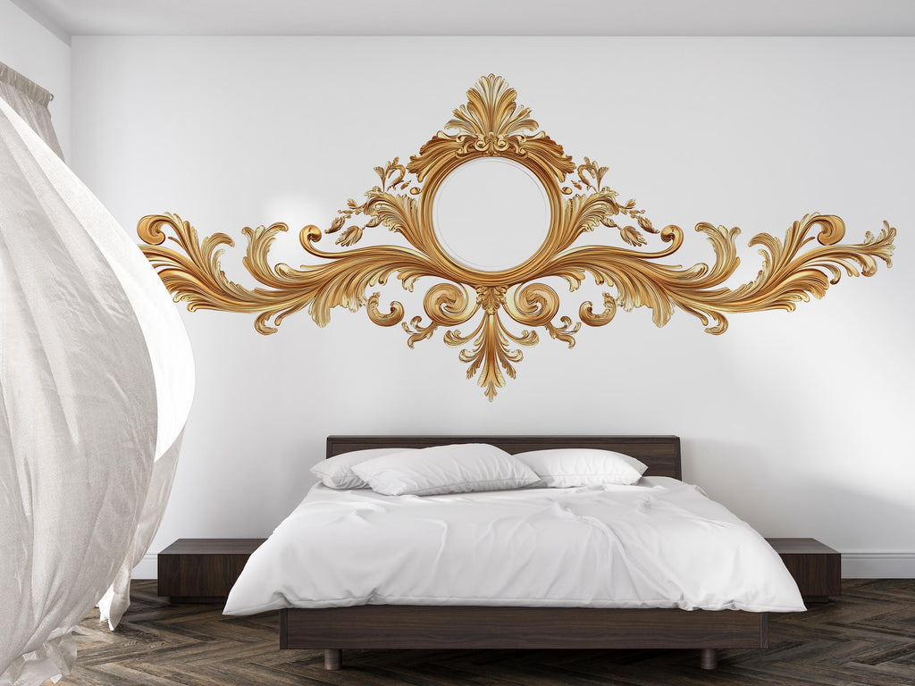 Gold Baroque Headboard Wall Decal, Ornate Rococo Bedroom Wall Art, Removable Faux Mirror Mural 113mv