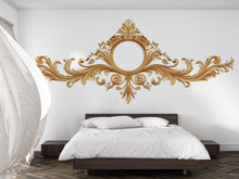Load image into Gallery viewer, Gold Baroque Headboard Wall Decal, Ornate Rococo Bedroom Wall Art, Removable Faux Mirror Mural 113mv