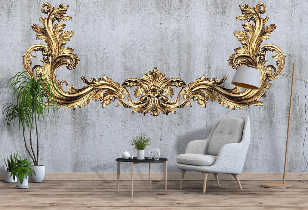 Gold Baroque Wall Decal, Large Ornate Living Room Wall Art, Luxury Removable Over Sofa Mural 114mv