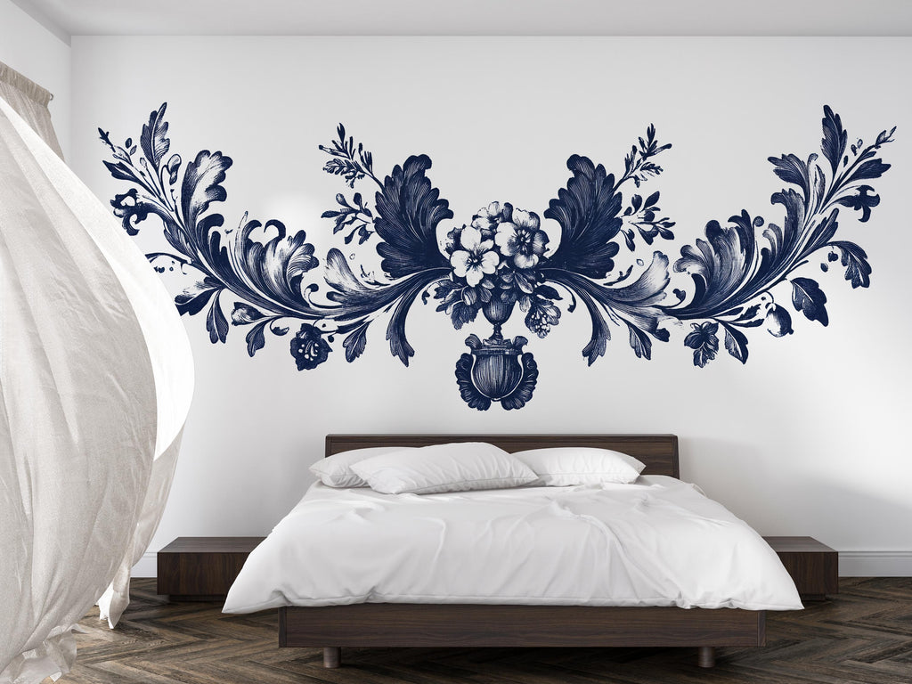Navy Floral Headboard Wall Decal, Large Baroque Bedroom Wall Art, Removable Over Bed Mural 122mv
