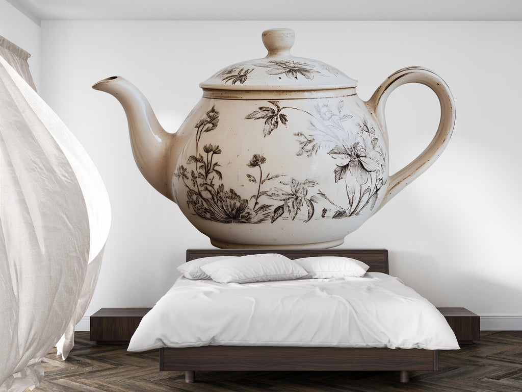 Giant Teapot Wall Decal, Vintage Floral Kitchen Wall Art, Removable Tea Room Mural 123mv
