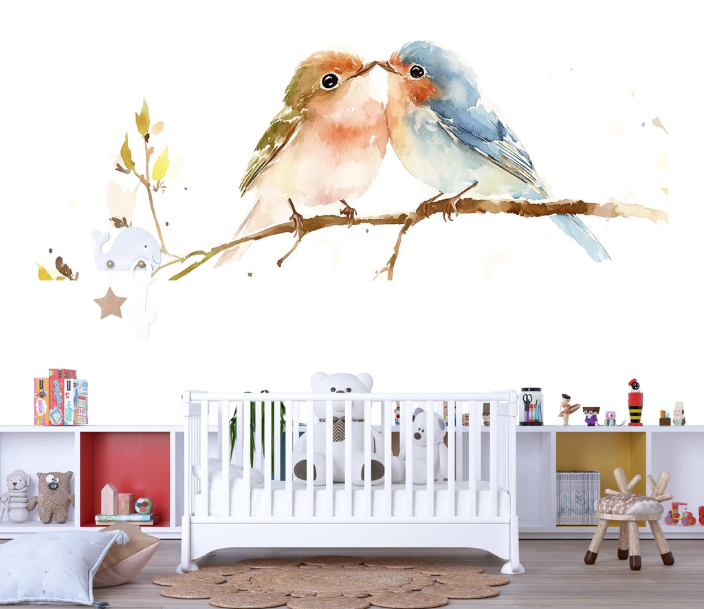 Kissing Birds Nursery Wall Decal, Watercolor Love Birds Kids Room Art, Removable Branch Mural 124mv