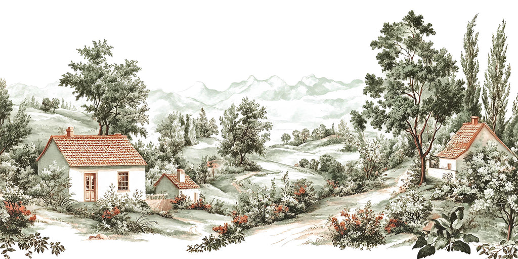 Cottage Landscape Wall Mural, Vintage Countryside Nursery Wall Art, Removable Kids Room Mural 126mv