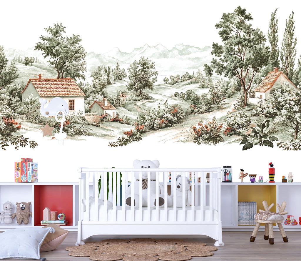 Cottage Landscape Wall Mural, Vintage Countryside Nursery Wall Art, Removable Kids Room Mural 126mv