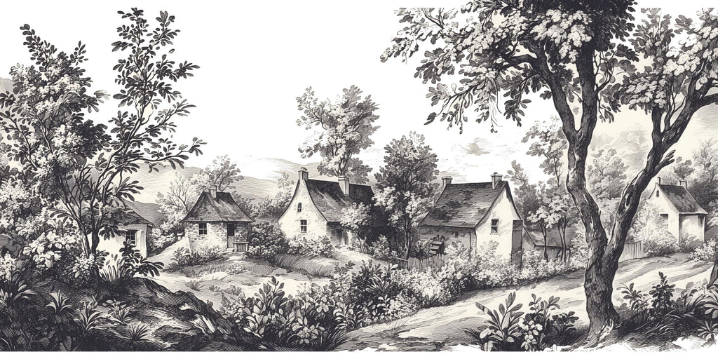 Toile Cottage Landscape Wall Mural, Vintage French Bedroom Wall Art, Removable Headboard Mural 127mv