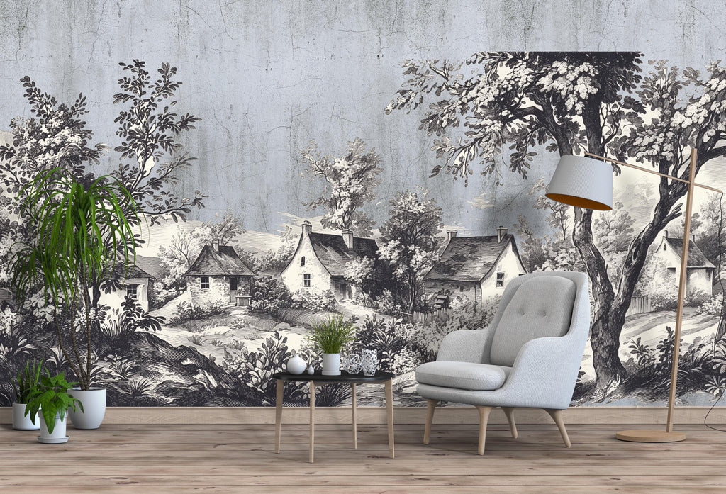 Toile Cottage Landscape Wall Mural, Vintage French Bedroom Wall Art, Removable Headboard Mural 127mv