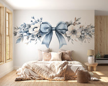 Load image into Gallery viewer, Blue Bow Floral Wall Decal, Large Bedroom Headboard Wall Art, Romantic Removable Mural 128mv