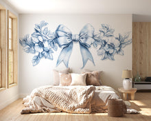 Load image into Gallery viewer, Blue Bow Floral Headboard Wall Decal, Large Bedroom Wall Art, Romantic Removable Mural 129mv