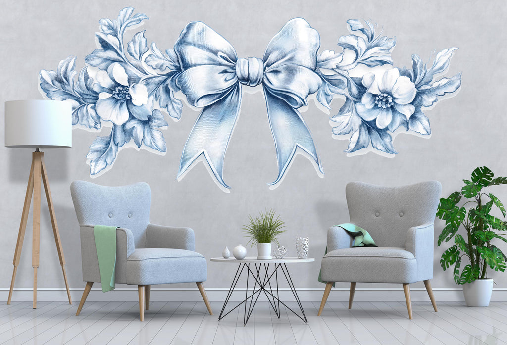 Blue Bow Floral Headboard Wall Decal, Large Bedroom Wall Art, Romantic Removable Mural 129mv