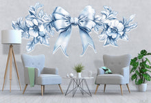 Load image into Gallery viewer, Blue Bow Floral Headboard Wall Decal, Large Bedroom Wall Art, Romantic Removable Mural 129mv