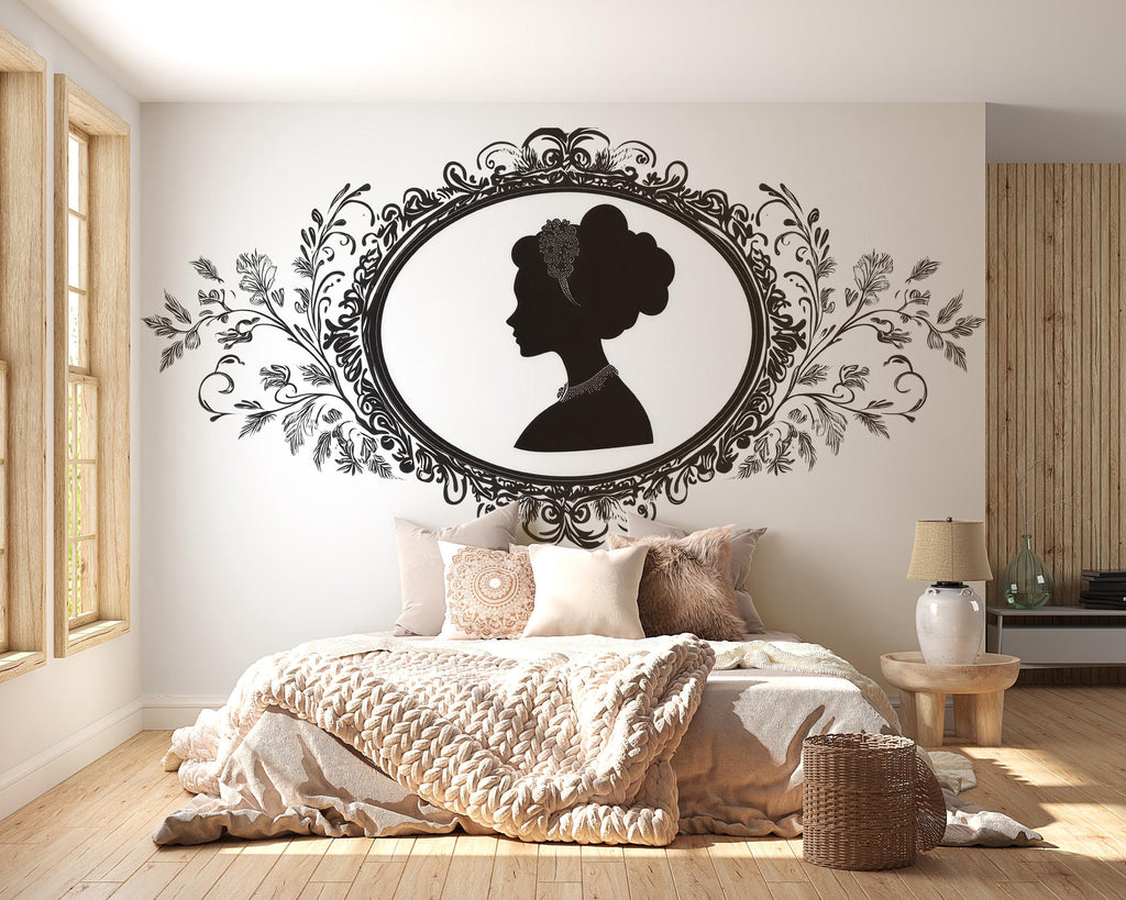 Victorian Cameo Wall Decal, Large Silhouette Headboard Art, Vintage Removable Bedroom Mural 130mv