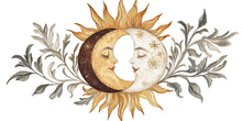 Load image into Gallery viewer, Sun and Moon Wall Decal • Boho Celestial Mural with Leaves • Spiritual Bedroom Peel &amp; Stick Wall Art • Neutral Sun Moon Sticker