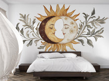 Load image into Gallery viewer, Sun and Moon Wall Decal • Boho Celestial Mural with Leaves • Spiritual Bedroom Peel &amp; Stick Wall Art • Neutral Sun Moon Sticker